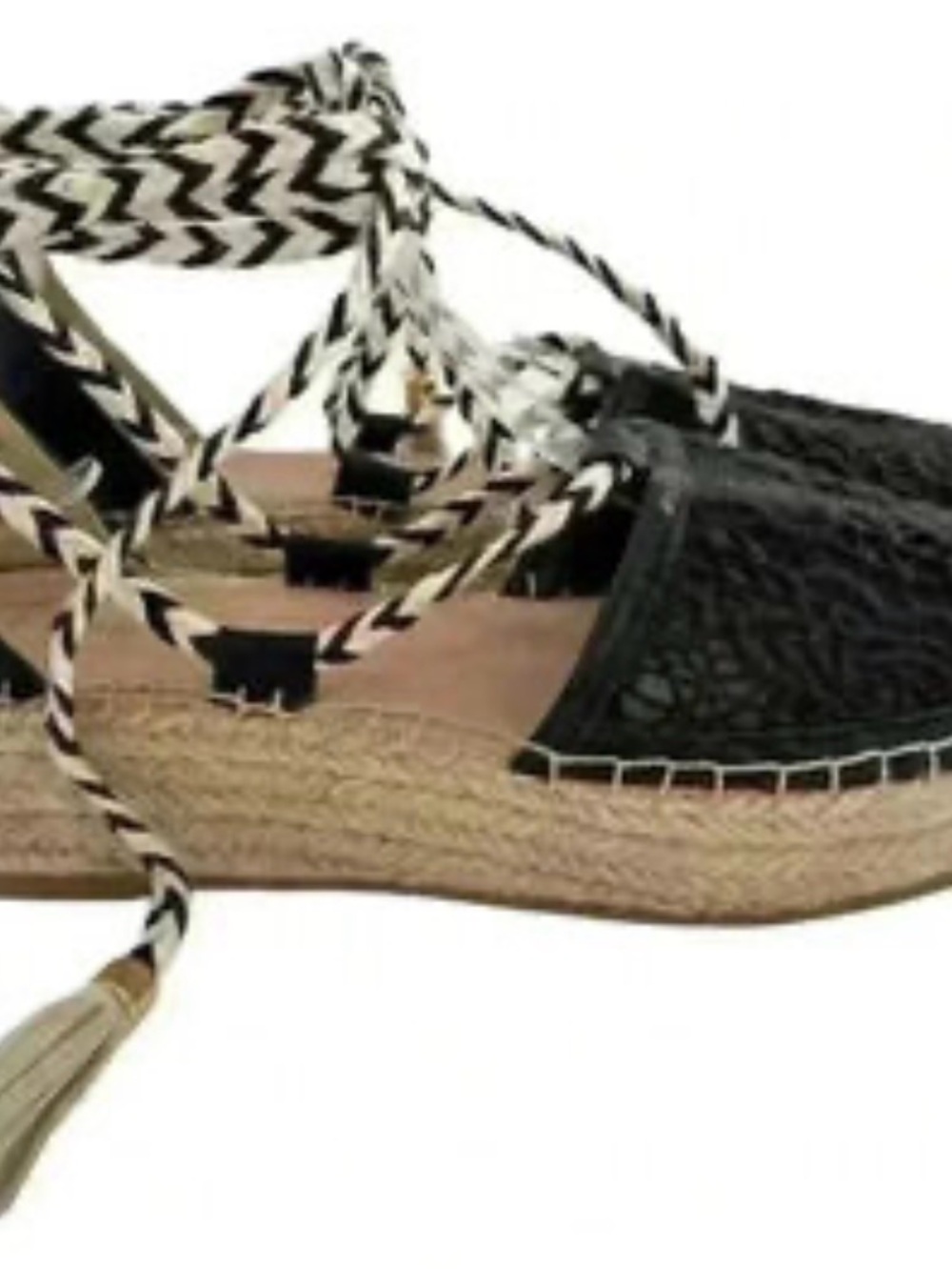 NanetteLepore Espadrille Wedge Sandals black floral lace upper braided ankle tie